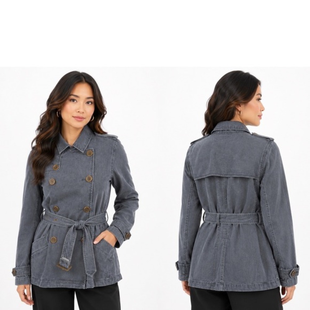 Old Navy Gray Cotton Double Breasted Belted Trench Jacket Coat L Preppy 59-18